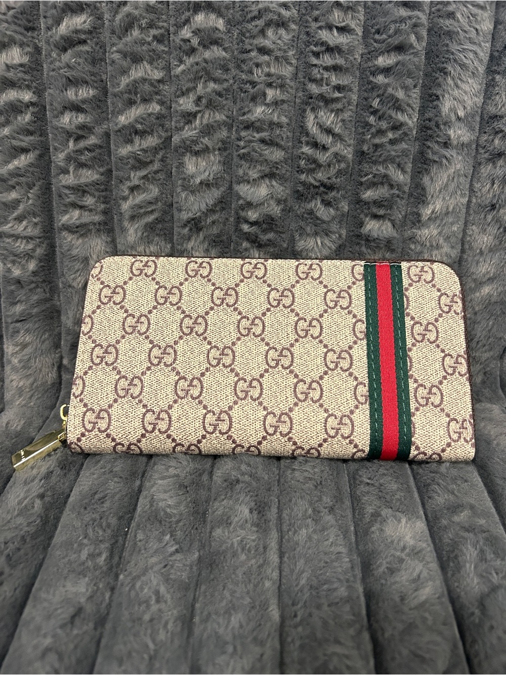 Gucci Beige Monogram Zip Wallet with Green-Red Web Stripe